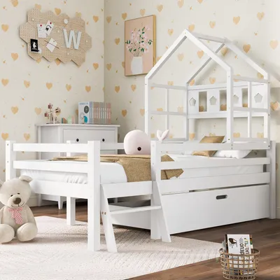 Produktbild von Hausbett Kinderbett 90x200cm mit Leiter und Schubladen, inkl. Lattenrost,Hochbett Massivholz mit Rausfallschutz ,Weiß(Ohne Matratze)