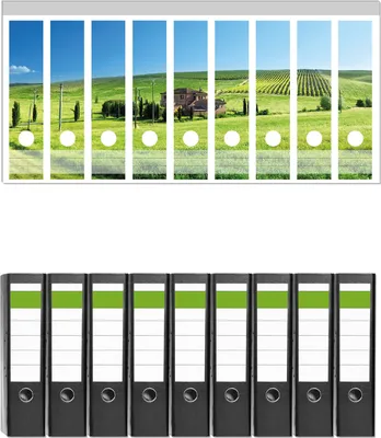 Produktbild von Wallario 9 Stück breite Ordner inkl. Klebeetiketten mit Motive Farm in der Toskana -  Set mit Rückenschildern / Ordnerrücken Stickern
