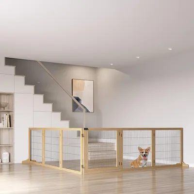 Produktbild von Absperrgitter Hund freistehend faltbar mit Tür, Hundegitter 6 Paneele, Kiefernholz Stahl, Natur | 432 cm breit | 70 cm hoch | 11,5 kg