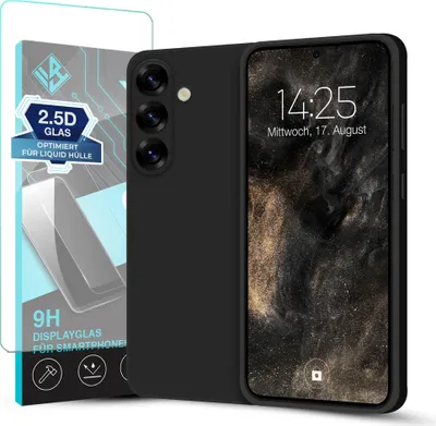 A black smartphone case and a screen protector are displayed together on a white background.