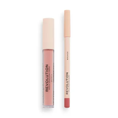 A lip gloss and lip liner duo are displayed against a white background.