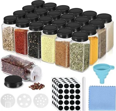 Immagine prodotto di 24 barattoli per spezie in vetro, 120 ml, neri, rettangolari, con beccuccio in silicone