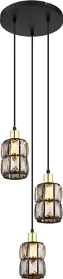 Produktbild von Globo Lighting Hängeleuchte Metall schwarz matt, Glaskristalle rauchfarben, Metall messingfarben matt, Kabel PVC Schwarz, ø: 250mm, H: 1200mm, exkl. 3x E14 40W 230V