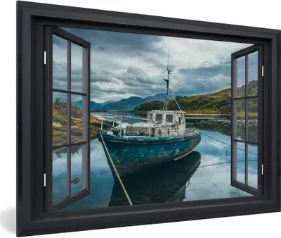 Produktbild von MuchoWow® MuchoWow® Gerahmtes Poster Durchblick - Boot - Berg 60x40 cm - Poster mit zchwarzem Bilderrahmen - Printing - Wanddeko Schlafzimmer