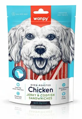 Produktbild von WANPY für Hunde: Chicken Jerky & Codfish Sandwiches 100 g