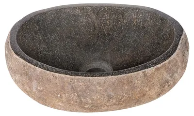 Produktbild von Differnz Lombok-M Waschschale - Ausgehöhlter Flussstein - Durchmesser Ø 35-39 cm - Naturstein - Zum Aufsetzen auf eine Platte geeignet - Beige und Grau - Ländlicher Stil - Unikat