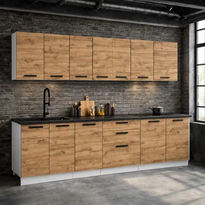 Zdjęcie produktu dla ULWEHOME Meble kuchenne Zestaw mebli kuchennych Kuchnia Milan 260cm | szafka • regał • blat • aneks kuchenny | Dąb Wotan 2,6 m