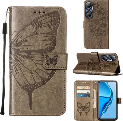 Produktbild von Infinix Hot 20 4G Hülle, Schmetterling Prägung Flip Leder Kartenfächer Schutzhülle Ledertasche mit Ständer für Infinix Hot 20 4G Grau