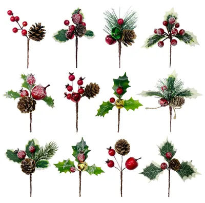 12 Kunst-Weihnachtszweige mit Beeren & Zapfen, 11-15 cm