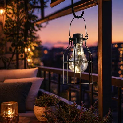 Produktbild von LED Solar Hängeleuchte rund - Laterne - 3 warmweiße LED - H: 15cm - Dämmerungssensor - schwarz