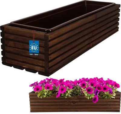 Zdjęcie produktu dla KOTARBAU® drewniana skrzynka na kwiaty 64x20cm z wewnętrzną doniczką skrzynka balkonowa brązowa doniczka balkonowa doniczka na kwiaty doniczka drewniana doniczka zewnętrzna balkon ogród taras skrzynka z wkładką