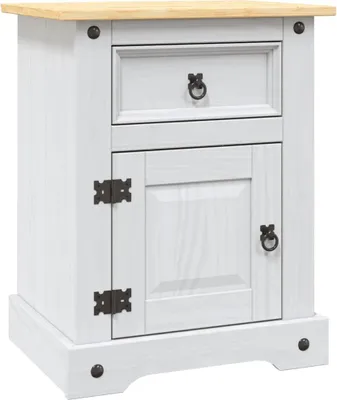 A white wooden nightstand with a single drawer and a cabinet door, set against a white background.
