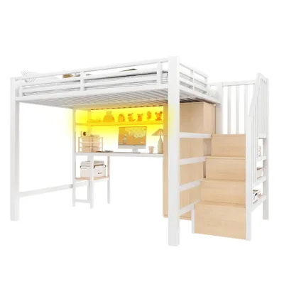 Produktbild von Hochbett mit Schreibtisch, LED-Streifen, Lattenrost, Kleiderschrank, Regal und Treppe, 140x200cm, Metallbett, Kinderbett, Jugendbett