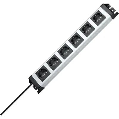 A power strip with six outlets is shown against a white background.