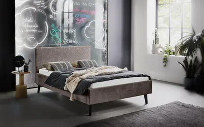 Produktbild von Meise Möbel Polsterbett Avola 140x200 cm | Bettgestell | Kopfteil glatt | Cordstoff Taupe | Holzfuß schwarz