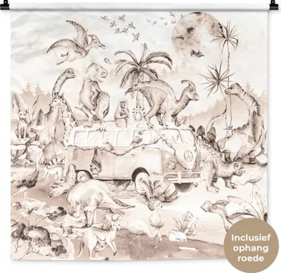 Produktbild von MuchoWow® Wandteppich Wandbehang Dinosaurier - Bus - Kinder - Tiere - Bäume 90x90 cm Tapisserie Dekoration Wandtuch - Wandaufhänger