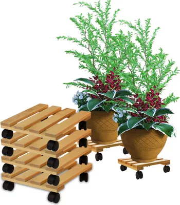 Produktbild von BigDean 4x Pflanzenroller eckig Buchenholz massives Holz 30 x 30 cm bis 120 Kg Rolluntersetzer