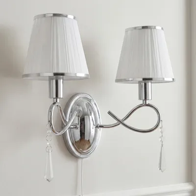 Produktbild von Wandleuchte Stoff Metall B: 36,5 cm Wandlampe mit Schalter Chrom Weiß 2-flammig E14 Schlafzimmerlampe