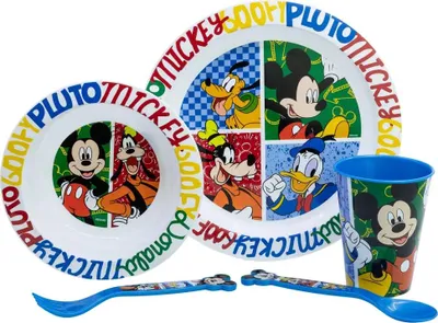Produktbild von Disney Mickey Maus Kinder Geschirr-Set 5 teilig Becher Teller Schüssel Besteck