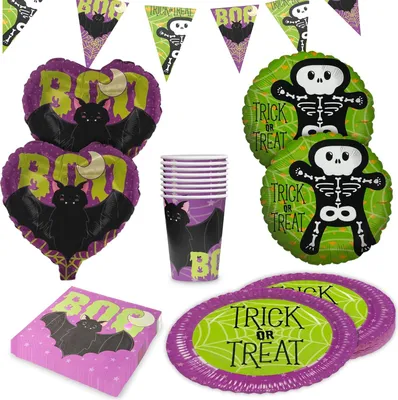 Produktbild von Halloween Skelett – Partyset 5-tlg. mit Tellern, Bechern, Servietten & Ballons