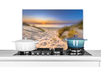 Produktbild von KitchenYeah®  Spritzschutz Küche - Küchenrückwand - Wandschutz für Herd und Spüle - Düne - Sonnenuntergang - Horizont - Strand - Gras 60x40 - Alu-Dibond (Alternative zum Spritzschutz aus Glas) - Hitze