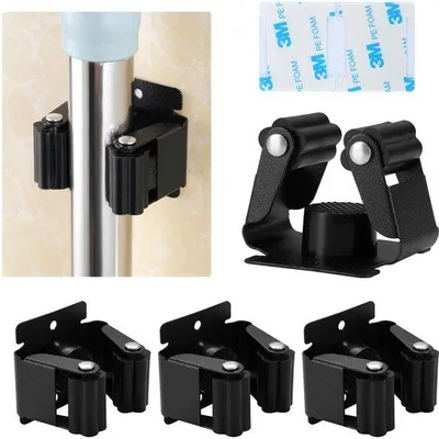 Produktbild von Unyqoos® Selbstklebende Besenhalter aus Edelstahl, 4er-Set schwarz – Wandhalter für Besen, Mopps & Gartengeräte, rostfrei, mit 3M-Klebestickern