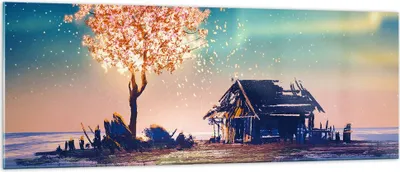 Produktbild von Bilder auf glas - Baum Haus Nacht Sterne - 140x50cm - Glasbilder - Wandbilder - Kunstdruck - zum Aufhängen bereit - Wanddekoration aus Glas - Glas Bilder - Wandbild auf Glas - GAB140x50-2849