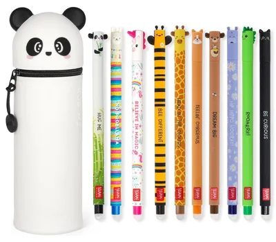 Produktbild von LEGAMI Set mit 10 radierbaren Gelstiften + Panda 2-in-1-Federmäppchen - mit thermoempfindlicher Löschtinte, einer Vielzahl von Tintenfarben und Schaftdesigns, 0,7 mm Spitze