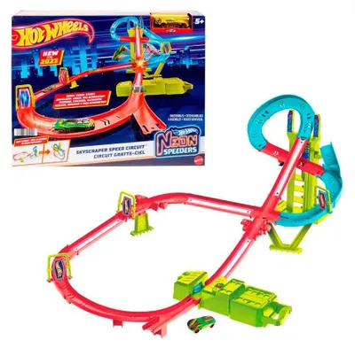 Produktbild von Hot Wheels Action Track Set, Neon Speeders Skyscraper Speed Circuit mit 1 Auto, Fahrzeug- & Schienen-Set, 5 Jahr(e), D, Kunststoff, Mehrfarbig