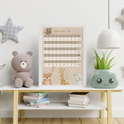 Produktbild von MeinBaby123® Lernposter Zahlen 1-100 | Süße Tiere A4