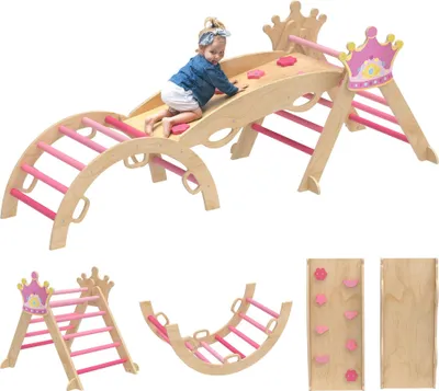 Produktbild von 8-in-1 Pikler-Dreieck aus Holz - Montessori Klettergerüst - Mit Bogen und Rampe - Kronen-Design - Für Kinder 18–48 Monate - Größe 195×74×38 cm - Sperrholz - Rosa