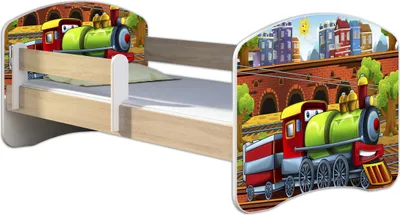 Produktbild von ACMA Jugendbett Kinderbett Junior-Bett Komplett-Set mit Matratze Lattenrost und Rausfallschutz Sonoma 44 Lokomotive 180x80
