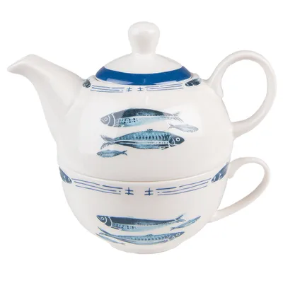 Produktbild von Clayre & Eef Tea for One 400 ml Weiß Blau Porzellan Fische