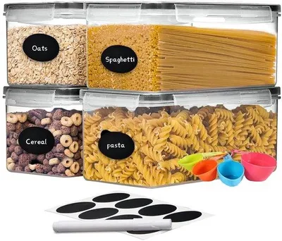 Obrázok produktu pre Vzduchotesná sada 4 plastových nádob s objemom 3,2 litra s viečkom, bez obsahu BPA, ideálna na uchovávanie cestovín v kuchyni