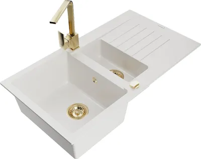 Produktbild von Mexen Matias 1,5-Becken-Granitspüle mit Abtropffläche und Mischbatterie Rita, Weiß - 6502-20-670300-50