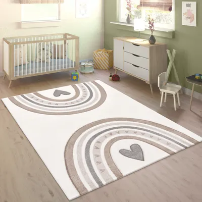 Produktbild von Kinderteppich Teppich Kinderzimmer Junge Mädchen Regenbogen Herz 3D Effekt Beige Grösse 200x290 cm