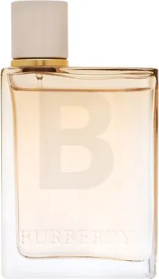 A perfume bottle with a beige cap and gold accents, on a white background.