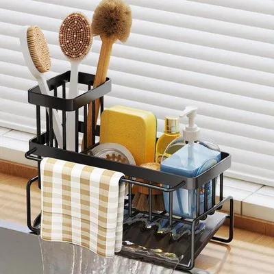 Produktbild von Famanu Spülbecken-Organizer mit Abtropfschale, Edelstahl, Schwammhalter mit Handtuchhalter für Küche und Spüle