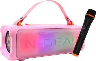 A pink portable Bluetooth speaker with a microphone and colorful LED lights.
