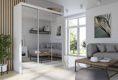 Produktbild von AGMAT Schwebetürenschrank Bora, Kleiderschrank mit 3 Türen und 2 Schubladen, Moderne Garderobe in Farbe: Weiß, Schrank in Größe: 180 x 216 x 61 cm