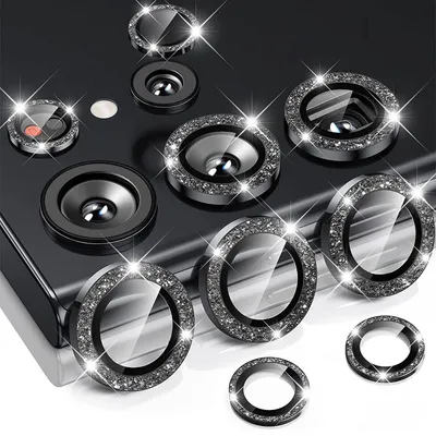 Produktbild von Für Samsung Galaxy S24 Ultra Aluminium Glitzer Ring Kamera + H9 Tempered Hart Glas Schwarz