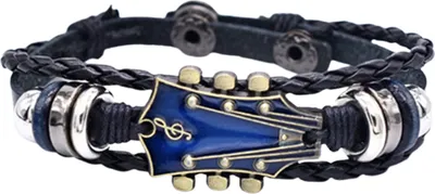Produktbild von Geflochtenes Gitarrenarmband aus Zinklegierung, verstellbare Schnalle, manuell gewebtes Kunstleder, 3-lagiger Punk-Retro-Handgelenkschmuck