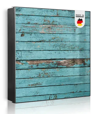 Zdjęcie produktu dla banjado metalowa szafka na klucze, duża 30x30 cm z 32 haczykami, może służyć jako tablica magnetyczna, czarny korpus, zawias po prawej stronie, Blaue Holzlatten [SKG1 10627]