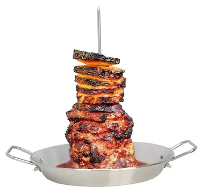 Image de Brochettes verticales en acier inoxydable - Support pour brochettes verticales - 3 broches amovibles - Poignées pratiques - Support de cuisson polyvalent - Facile à nettoyer - Brochettes pour barbecue