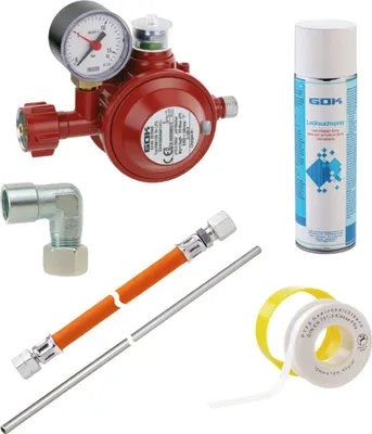 Produktbild von GOK Haushaltsregler Set 50mbar für Gasherde Kochfelder mit zusätzlichem Lecksuchspray