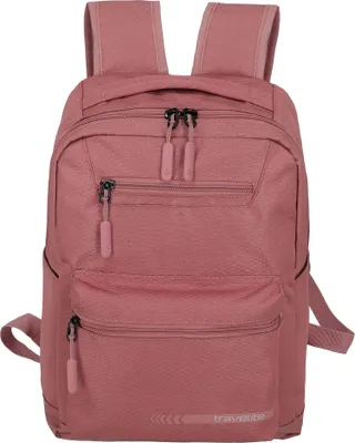 A pink Travelite backpack is shown against a white background.