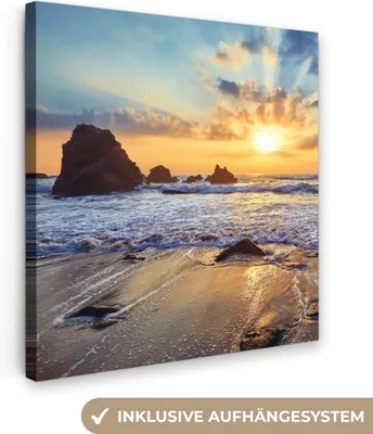 Produktbild von MuchoWow® - Leinwandbilder - Strand - Sonnenuntergang - Natur - Meer - Landschaft, Wandbild, Wanddeko Bilder Wohnzimmer, 50x50 cm