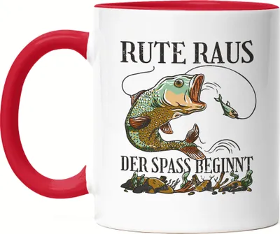 Produktbild von Rute Raus Der Spaß Beginnt Tasse Rot Angler Angeln Fische Angelzubehör Geschenkidee