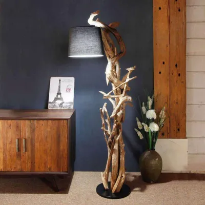Produktbild von Stehlampe MORGAN 185 cm – Wurzelholzlampe aus Teak mit schwarzem Leinenschirm