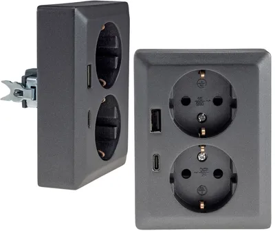 Produktbild von MILOS Schutzkontakt-Steckdose 2-fach Doppel Steckdose 1 auf 2 Unterputz Einbau in einer UP-Dose 250V/16A mit USB-A USB-C PD Anthrazit